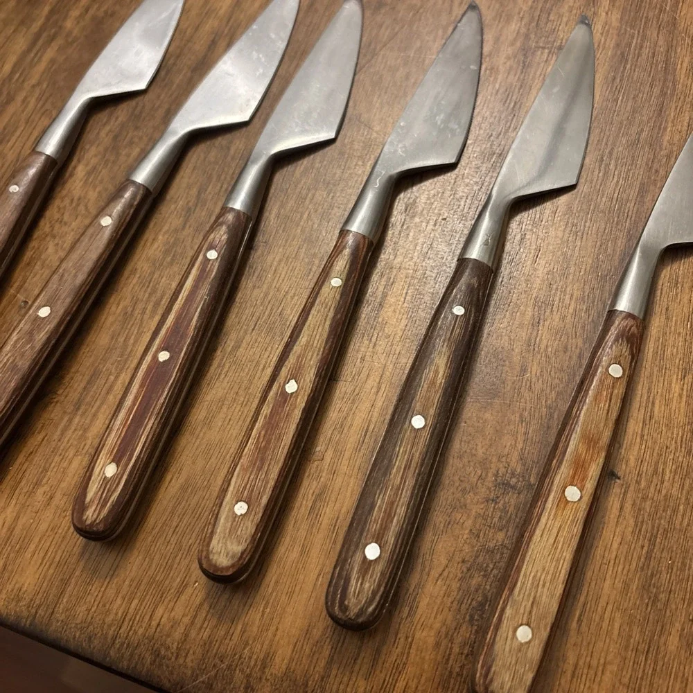 Vtg MCM Danish Raikou Silverware Knives Japan Stainless Wooden Handles Set‎ Of 6